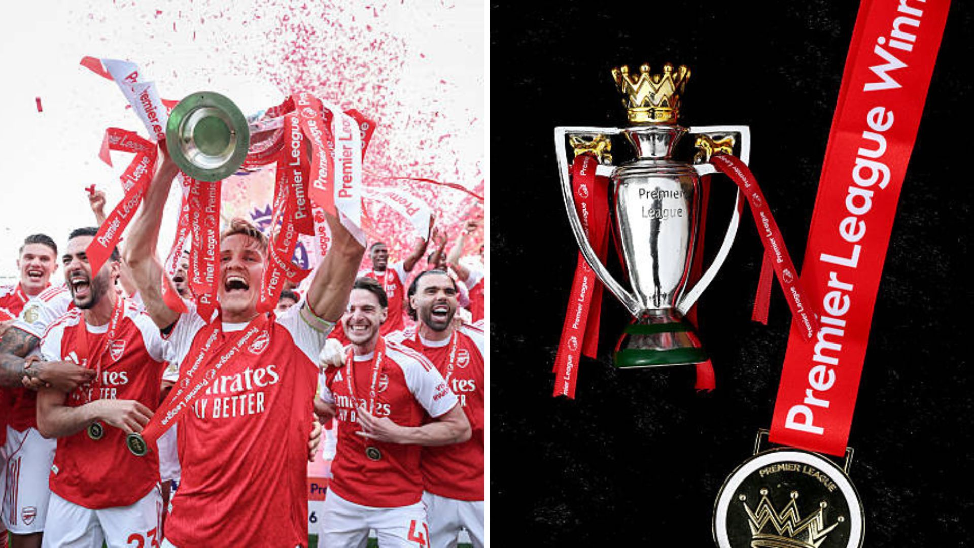 Split image featuring Arsenal's celebrations after winning the Premier League trophy and some Premier League champions memorabilia.