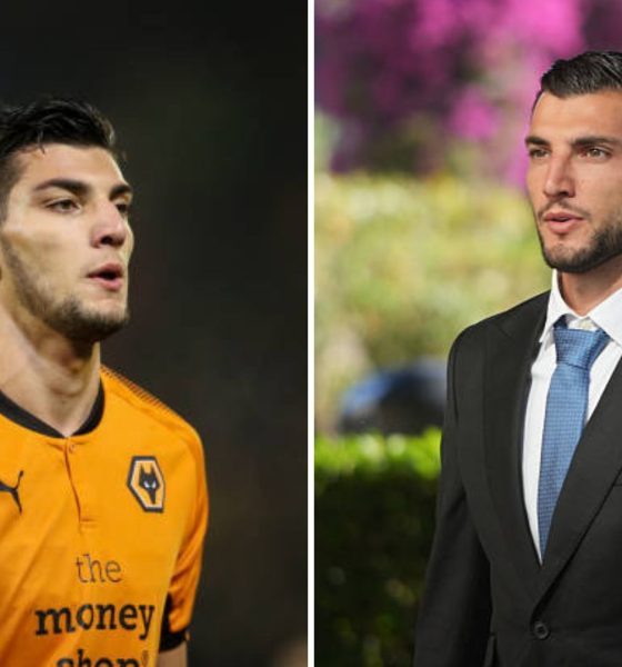 Split image featuring Rafa Mir playing for Wolves and going for his sentence hearing.