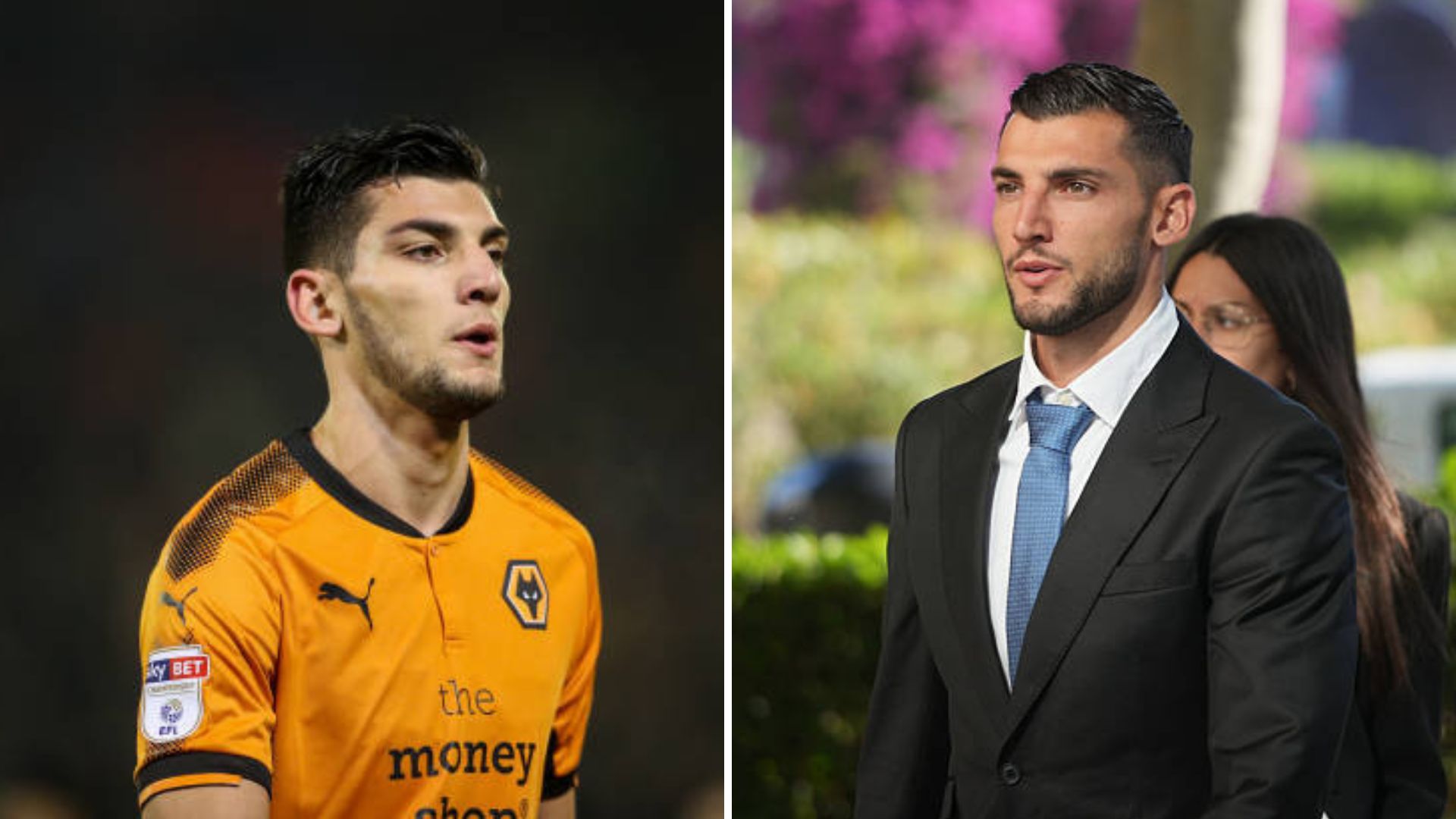 Split image featuring Rafa Mir playing for Wolves and going for his sentence hearing.