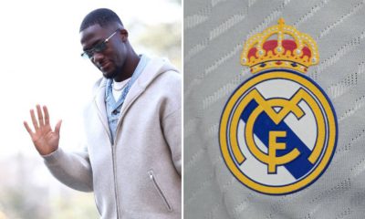 Split image featuring former Liverpool defender Ibrahima Konate and the Real Madrid crest.