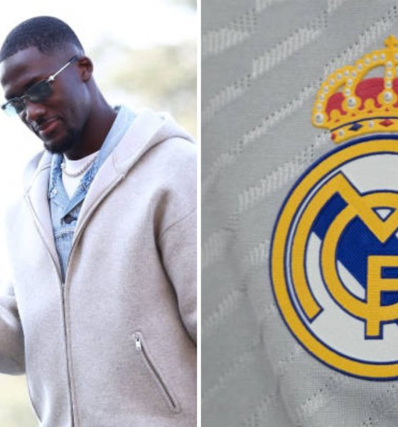 Split image featuring former Liverpool defender Ibrahima Konate and the Real Madrid crest.