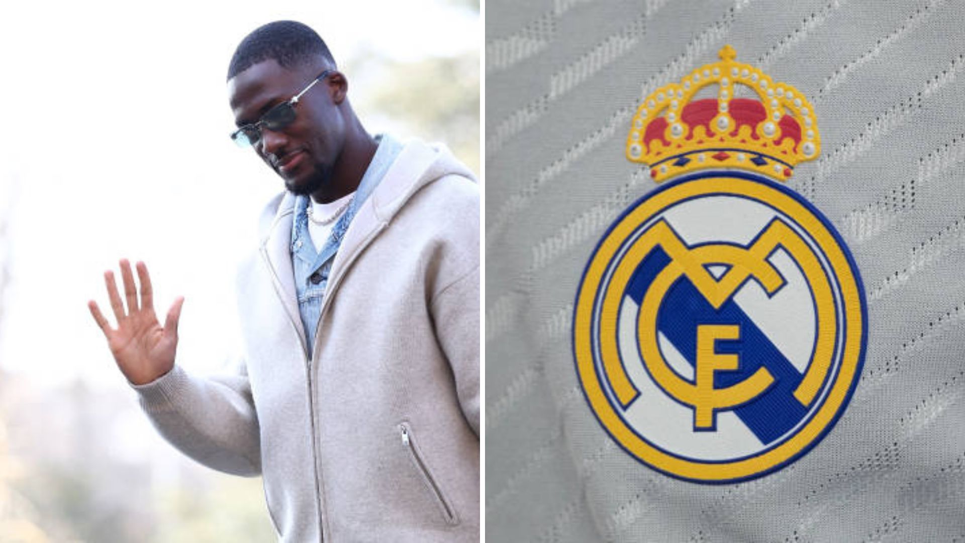 Split image featuring former Liverpool defender Ibrahima Konate and the Real Madrid crest.