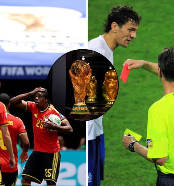 Split image featuring Ngoy sending off and the Battle of Nuremberg in 2006.