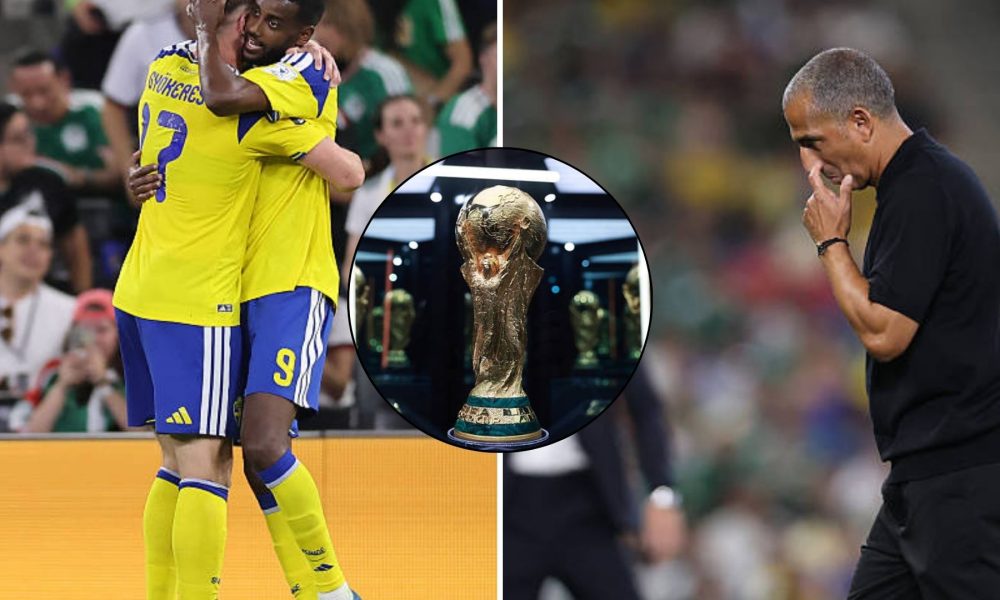 Split image featuring Sabri Lamouchi, the World Cup trophy and Sweden strikers Viktor Gyokeres and Alexander Isak.