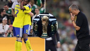 Split image featuring Sabri Lamouchi, the World Cup trophy and Sweden strikers Viktor Gyokeres and Alexander Isak.