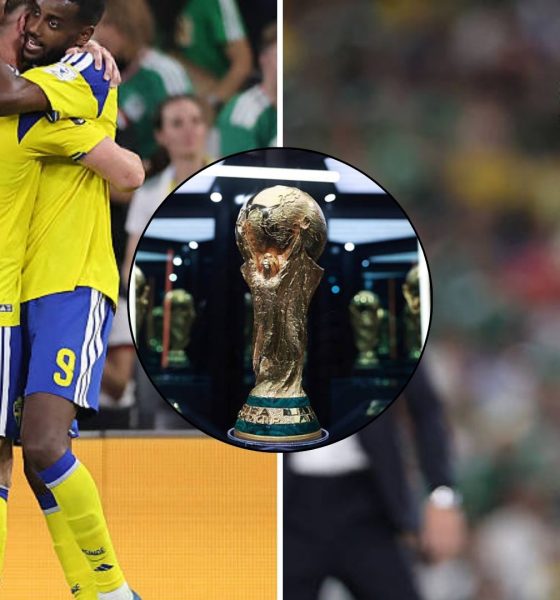 Split image featuring Sabri Lamouchi, the World Cup trophy and Sweden strikers Viktor Gyokeres and Alexander Isak.