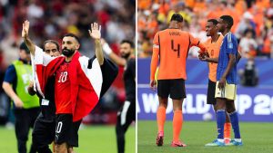Split image featuring Mohamed Salah and Liverpool players.