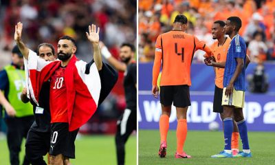 Split image featuring Mohamed Salah and Liverpool players.