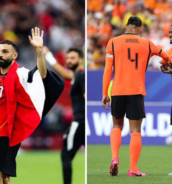 Split image featuring Mohamed Salah and Liverpool players.