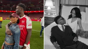 Bukayo Saka and girlfriend Tolami Benson pictured together at the Emirates Stadium and in their engagement photos
