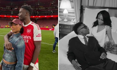 Bukayo Saka and girlfriend Tolami Benson pictured together at the Emirates Stadium and in their engagement photos