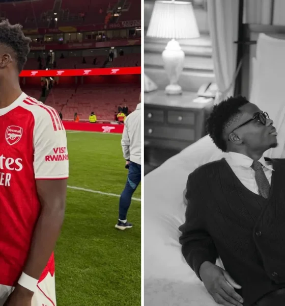 Bukayo Saka and girlfriend Tolami Benson pictured together at the Emirates Stadium and in their engagement photos