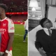 Bukayo Saka and girlfriend Tolami Benson pictured together at the Emirates Stadium and in their engagement photos