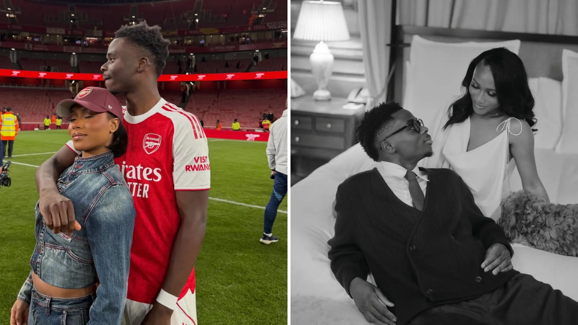 Bukayo Saka and girlfriend Tolami Benson pictured together at the Emirates Stadium and in their engagement photos