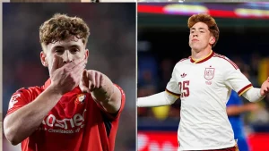 Split image of Victor Munoz celebrating his goals for Osasuna and Spain before his Liverpool move
