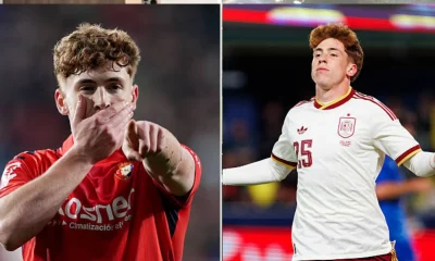 Split image of Victor Munoz celebrating his goals for Osasuna and Spain before his Liverpool move