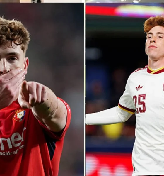 Split image of Victor Munoz celebrating his goals for Osasuna and Spain before his Liverpool move