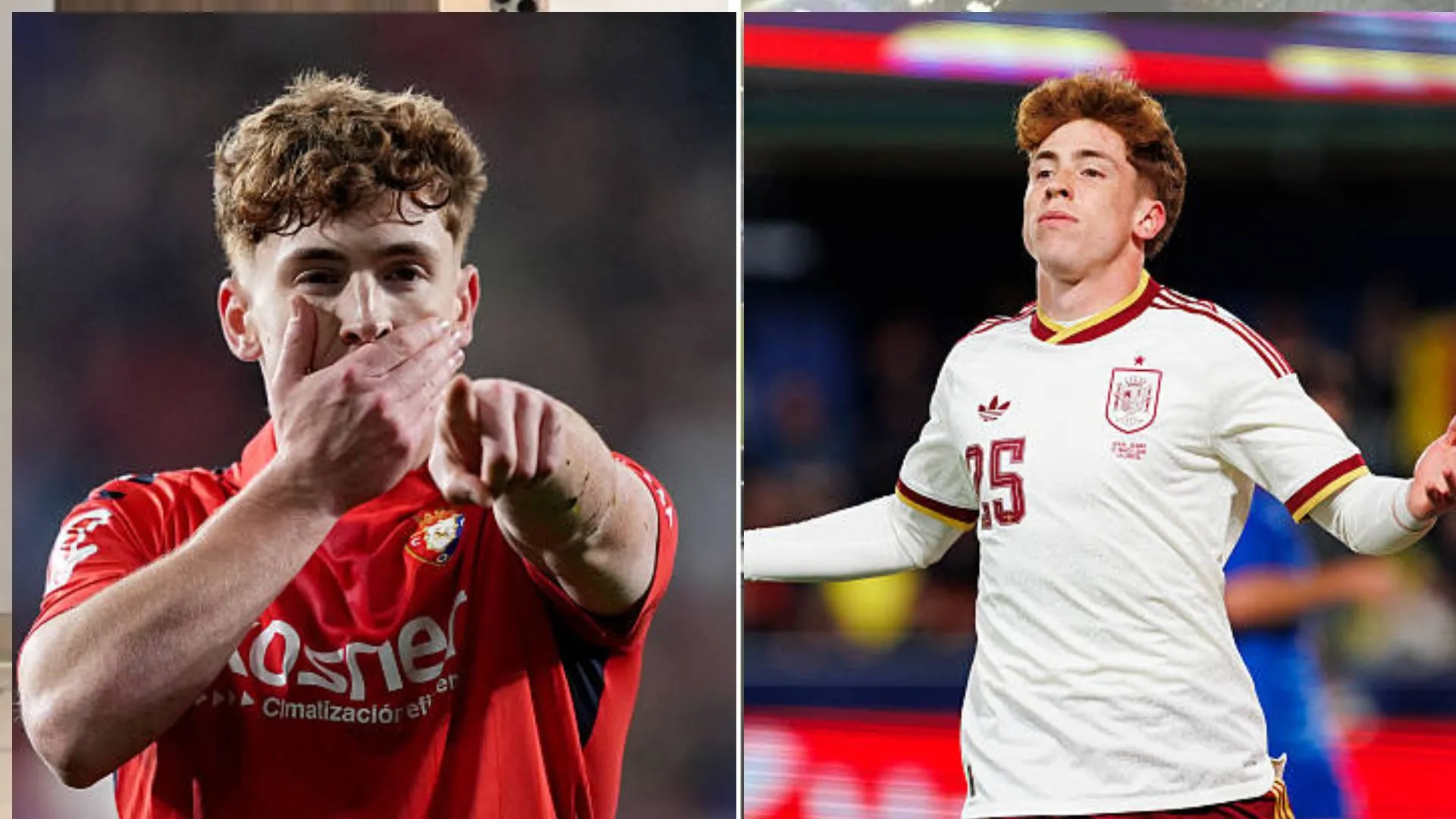 Split image of Victor Munoz celebrating his goals for Osasuna and Spain before his Liverpool move