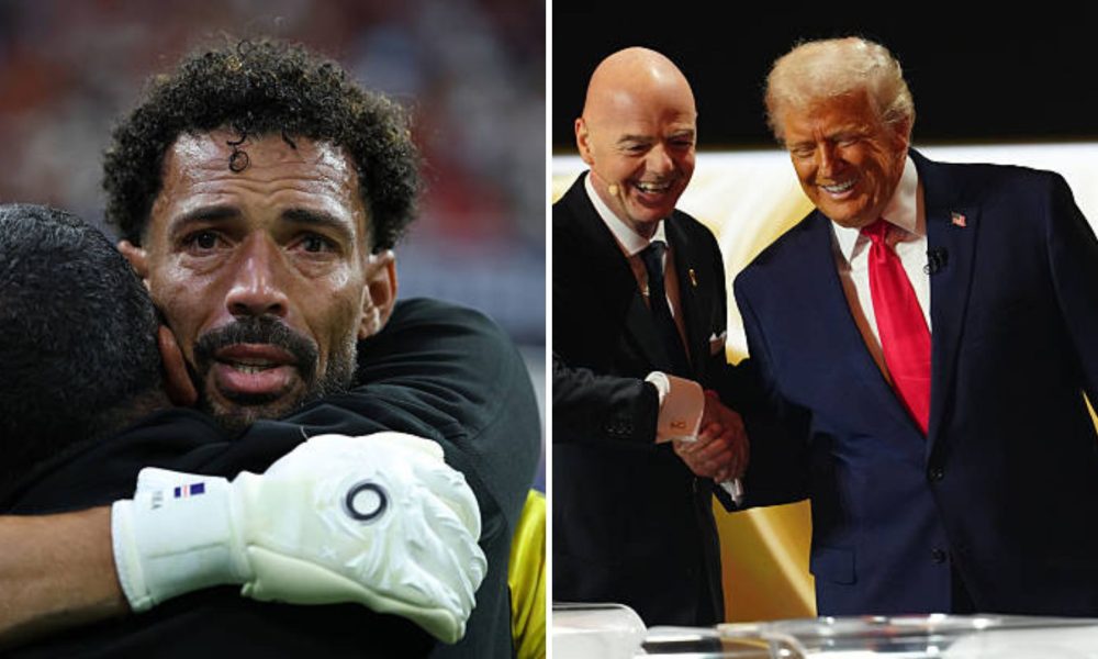 Split image featuring Vozinha and Gianni Infantino with Donald Trump.