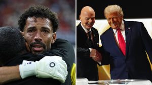 Split image featuring Vozinha and Gianni Infantino with Donald Trump.