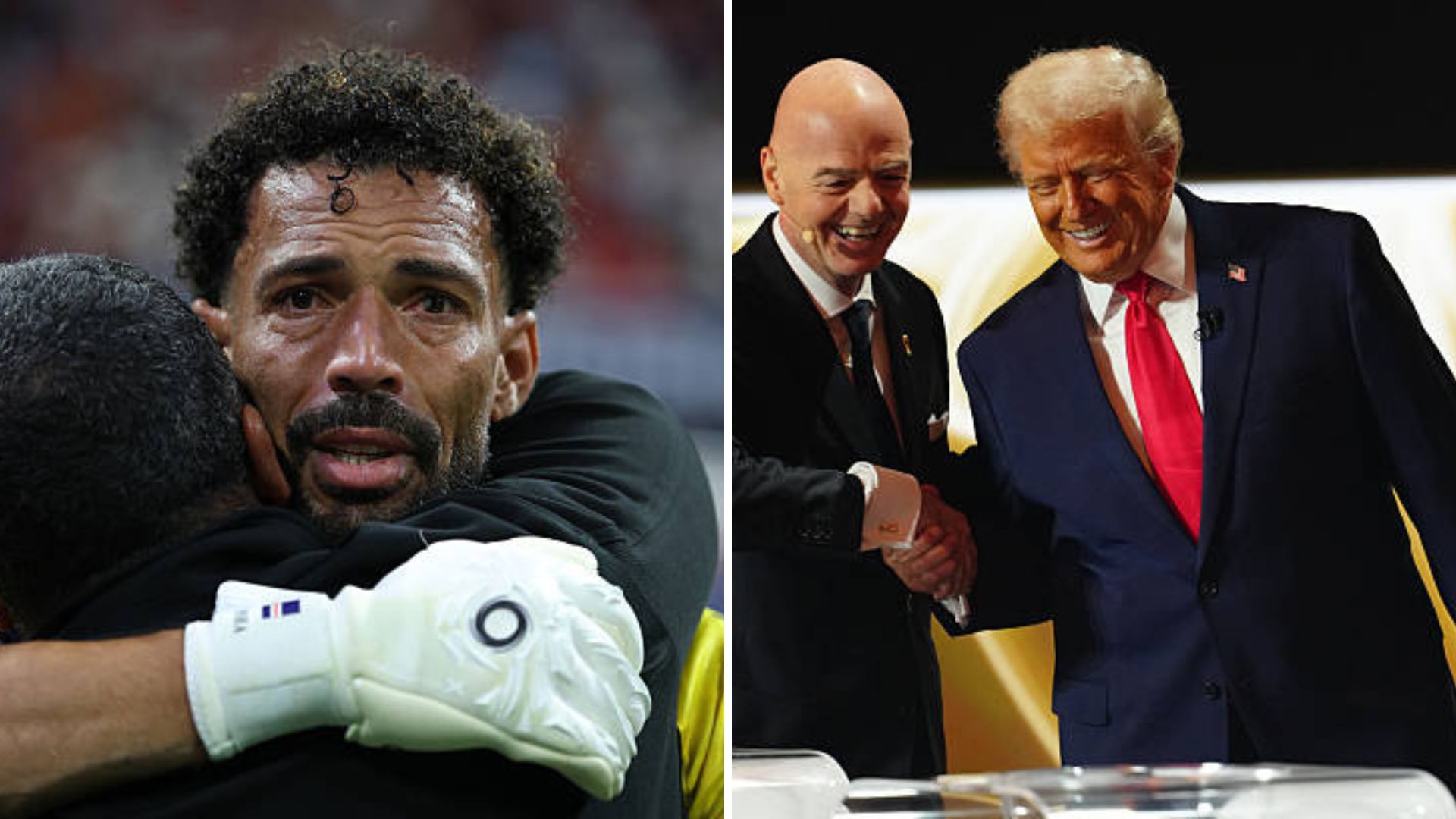 Split image featuring Vozinha and Gianni Infantino with Donald Trump.