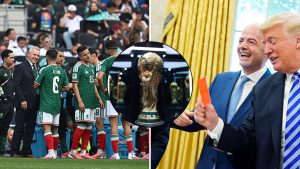 Split image featuring water breaks in the World Cup and Gianni Infantino with Donald Trump.