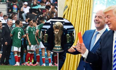 Split image featuring water breaks in the World Cup and Gianni Infantino with Donald Trump.