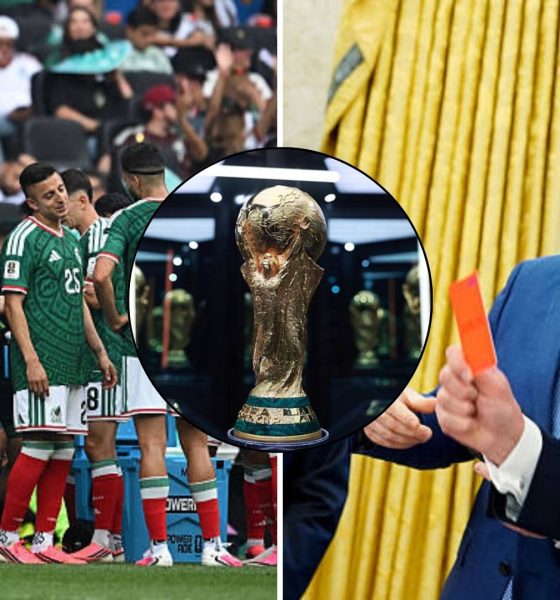 Split image featuring water breaks in the World Cup and Gianni Infantino with Donald Trump.