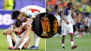 Split image featuring Turkish and Haiti players dejected.