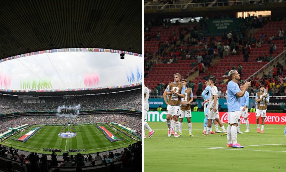 Split image showing the Azteca on opening day and the aftermath of the South Korea-Czechia game.