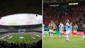Split image showing the Azteca on opening day and the aftermath of the South Korea-Czechia game.