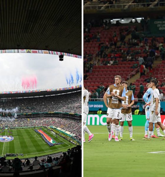 Split image showing the Azteca on opening day and the aftermath of the South Korea-Czechia game.