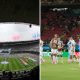 Split image showing the Azteca on opening day and the aftermath of the South Korea-Czechia game.