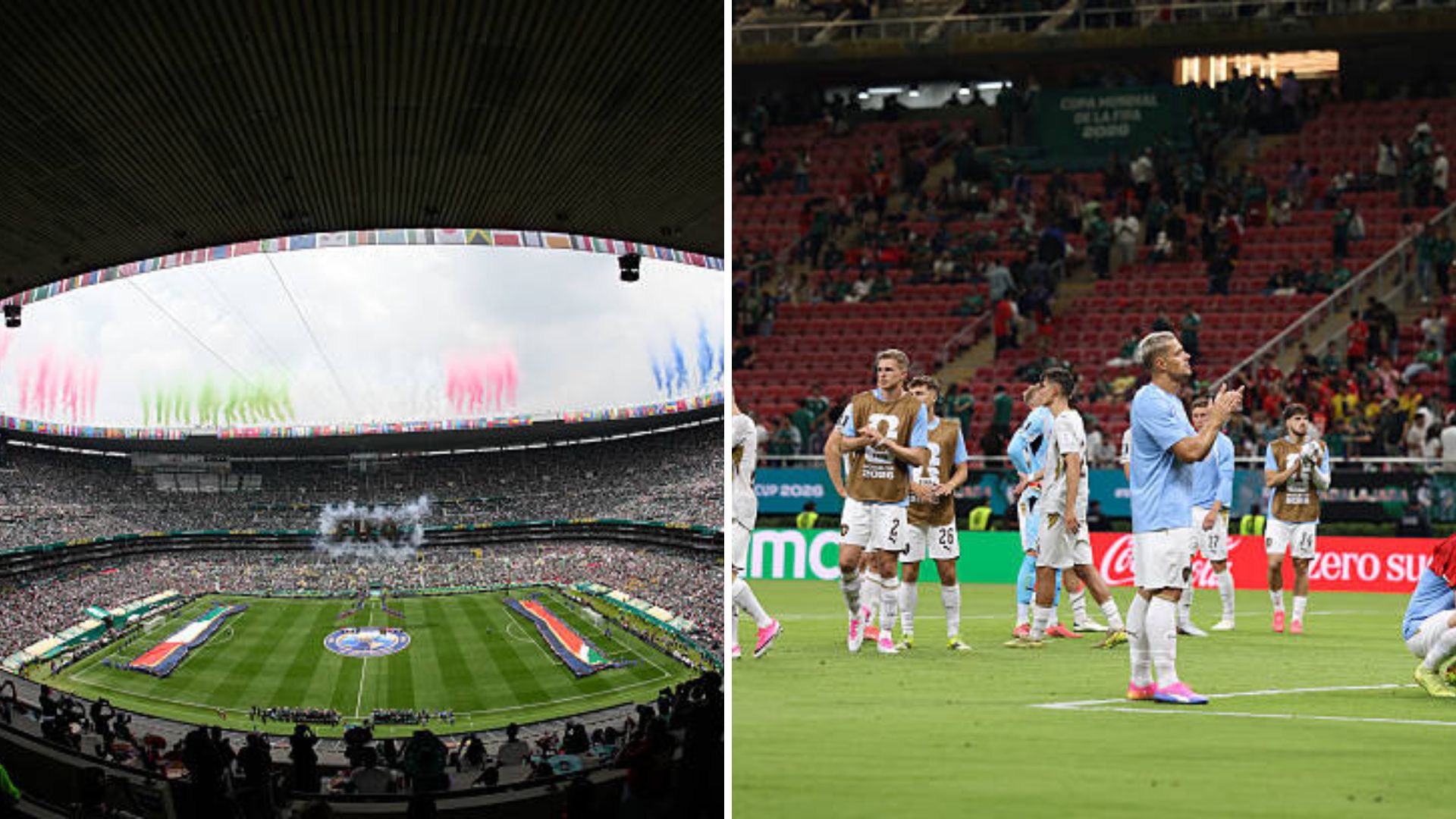 Split image showing the Azteca on opening day and the aftermath of the South Korea-Czechia game.