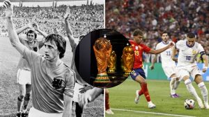 Split image featuring Netherlands' great team of 1974, the World Cup trophy and Kylian Mbappe going at it with Lamine Yamal.