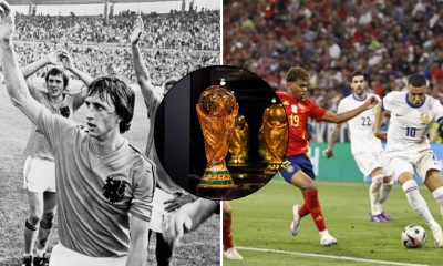 Split image featuring Netherlands' great team of 1974, the World Cup trophy and Kylian Mbappe going at it with Lamine Yamal.