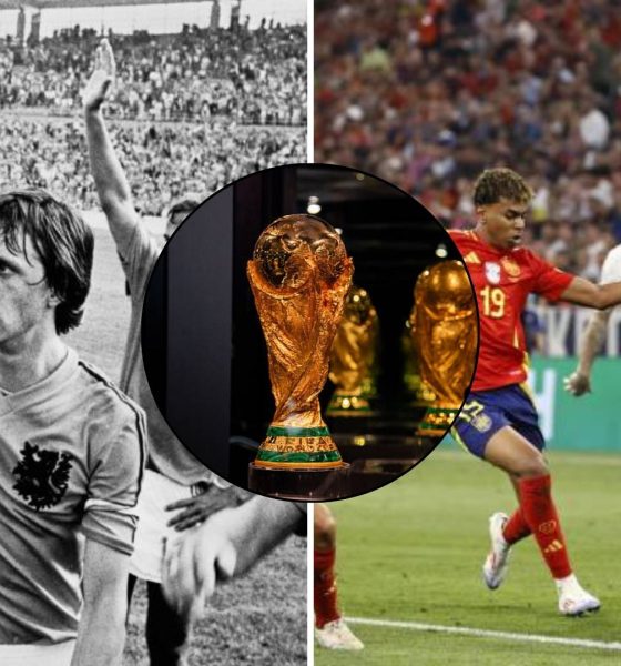 Split image featuring Netherlands' great team of 1974, the World Cup trophy and Kylian Mbappe going at it with Lamine Yamal.