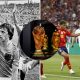 Split image featuring Netherlands' great team of 1974, the World Cup trophy and Kylian Mbappe going at it with Lamine Yamal.