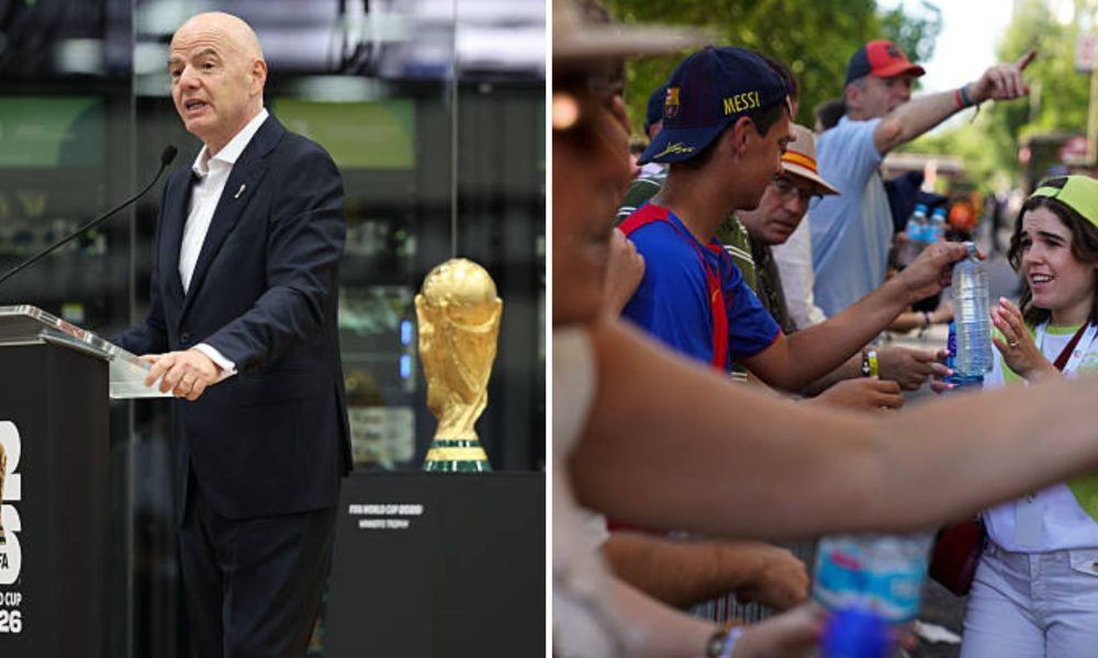 Split image featuring Gianni Infantino and fans drinking water.
