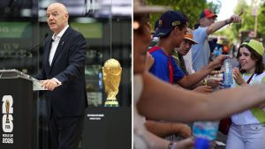 Split image featuring Gianni Infantino and fans drinking water.