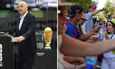 Split image featuring Gianni Infantino and fans drinking water.