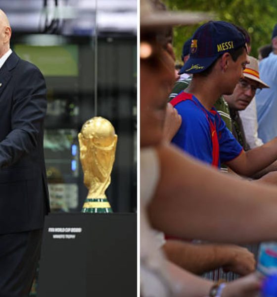 Split image featuring Gianni Infantino and fans drinking water.