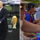 Split image featuring Gianni Infantino and fans drinking water.