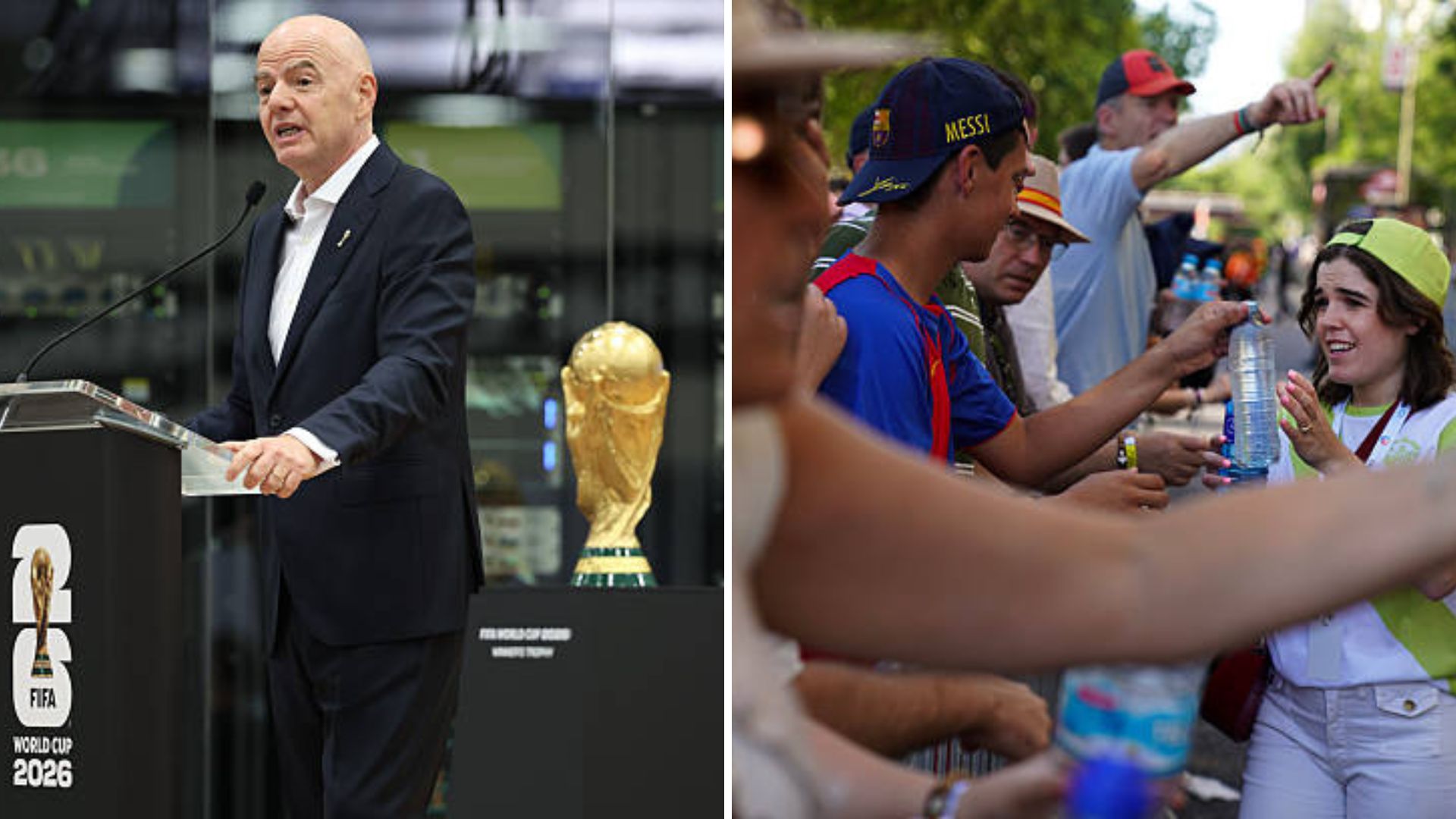 Split image featuring Gianni Infantino and fans drinking water.
