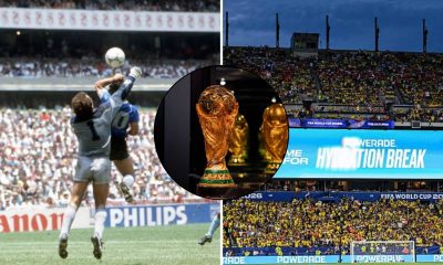 Split image featuring Diego Maradona's Hand of God, the World Cup trophy and the controversial hydration breaks in 2026.