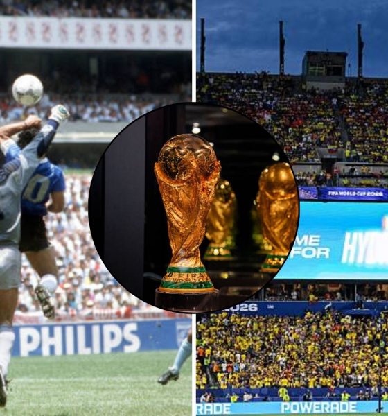 Split image featuring Diego Maradona's Hand of God, the World Cup trophy and the controversial hydration breaks in 2026.