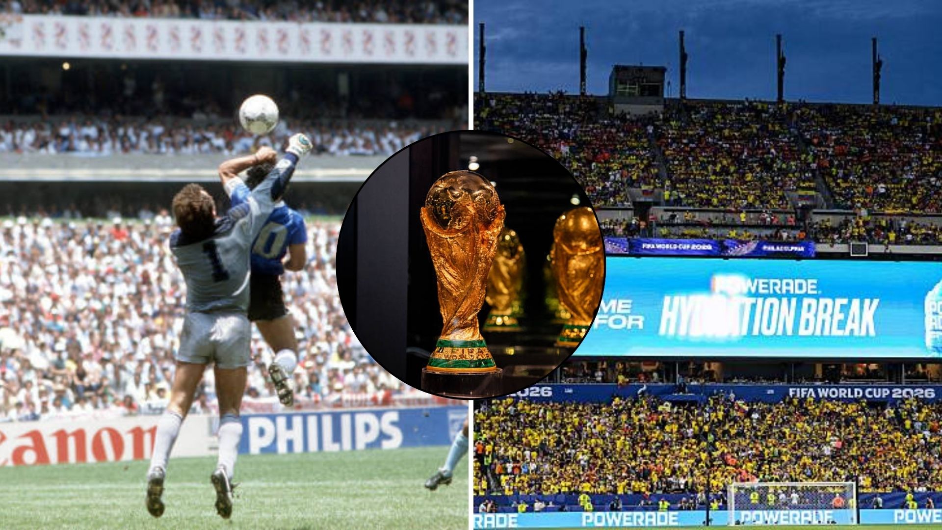 Split image featuring Diego Maradona's Hand of God, the World Cup trophy and the controversial hydration breaks in 2026.
