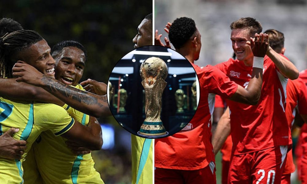 Split image featuring Brazil and Switzerland national teams and the World Cup trophy.