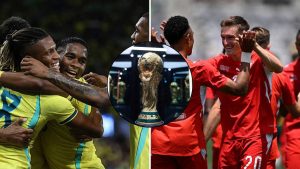 Split image featuring Brazil and Switzerland national teams and the World Cup trophy.