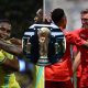 Split image featuring Brazil and Switzerland national teams and the World Cup trophy.